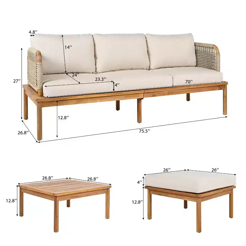 Ensemble de Canapé d'Extérieur 3/4/5 Pièces, Salon de Jardin Extérieur avec Table Basse et Coussins, Cadre Résistant aux Intempéries, Teck+Beige-ModernLuxe