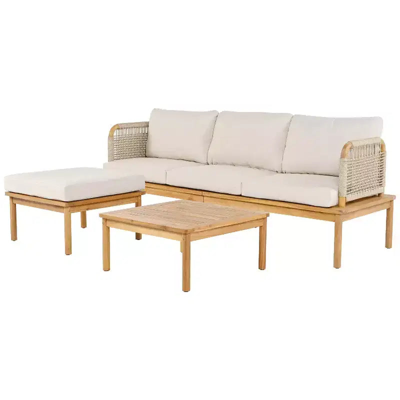 Ensemble de Canapé d'Extérieur 3/4/5 Pièces, Salon de Jardin Extérieur avec Table Basse et Coussins, Cadre Résistant aux Intempéries, Teck+Beige-ModernLuxe