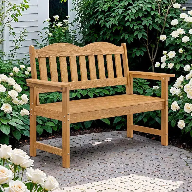2-Person Poly Lumber Garden Bench, Slatted Patio Loveseat, Weather-Resistant Outdoor Seating for Yard, Garden, Porch, Park or Backyard