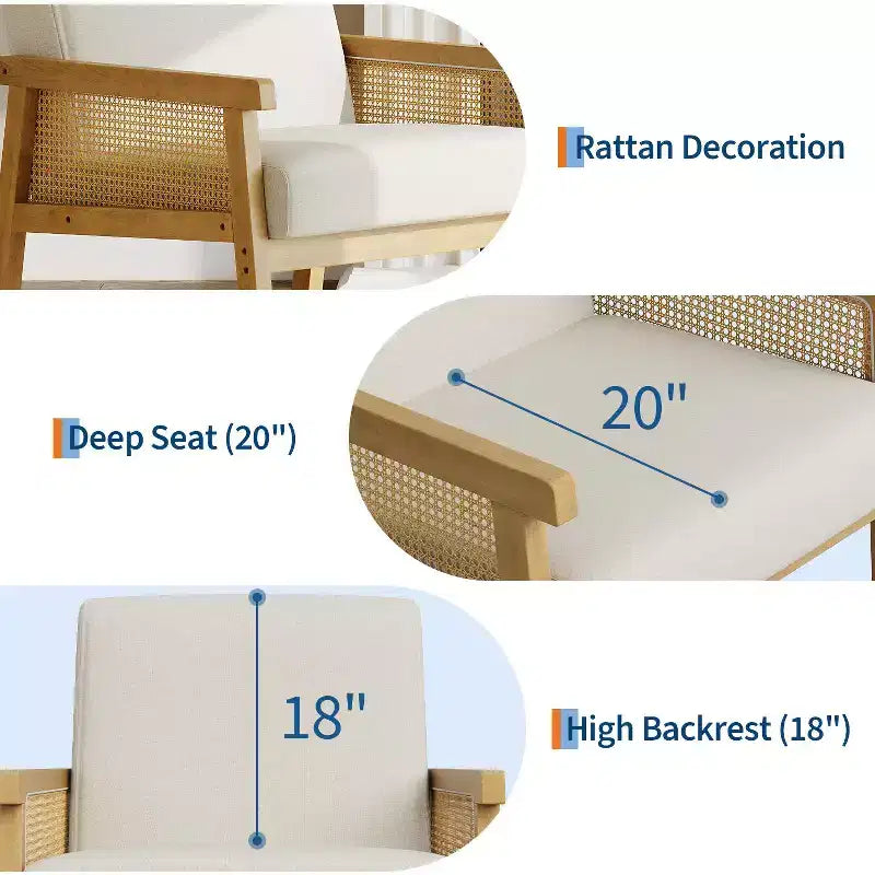 Rattan Accent Chair - Boucle Armchair, Upholstered Reading Chair with Wooden Frame, High Back, Leisure Chair for Living Room Bedroom