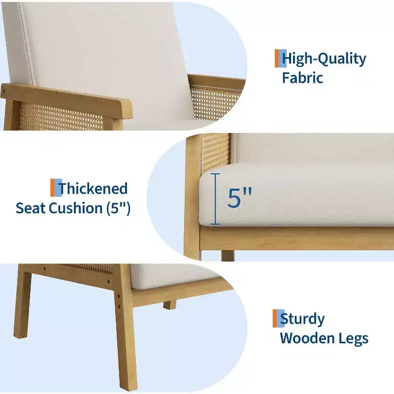 Rattan Accent Chair - Boucle Armchair, Upholstered Reading Chair with Wooden Frame, High Back, Leisure Chair for Living Room Bedroom