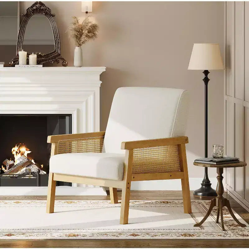 Rattan Accent Chair - Boucle Armchair, Upholstered Reading Chair with Wooden Frame, High Back, Leisure Chair for Living Room Bedroom