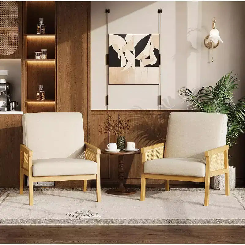 Rattan Accent Chair - Boucle Armchair, Upholstered Reading Chair with Wooden Frame, High Back, Leisure Chair for Living Room Bedroom