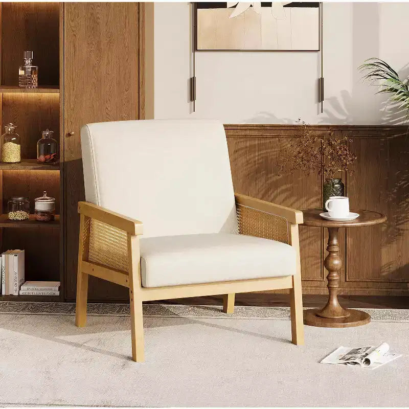 Rattan Accent Chair - Boucle Armchair, Upholstered Reading Chair with Wooden Frame, High Back, Leisure Chair for Living Room Bedroom
