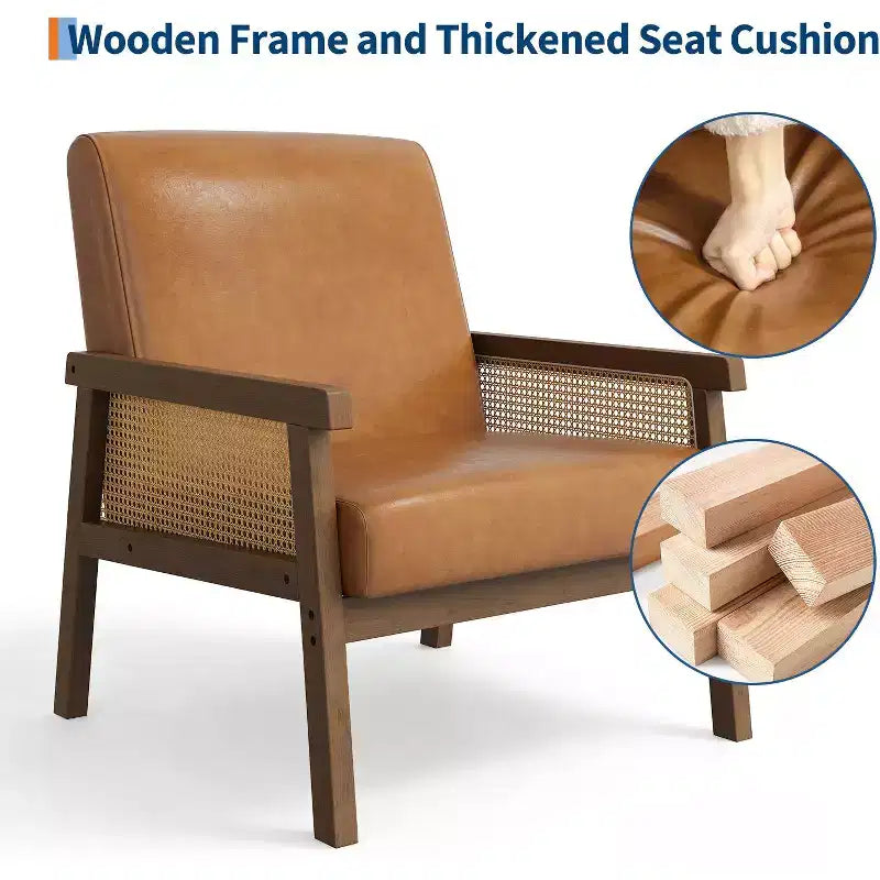 Rattan Accent Chair - Boucle Armchair, Upholstered Reading Chair with Wooden Frame, High Back, Leisure Chair for Living Room Bedroom