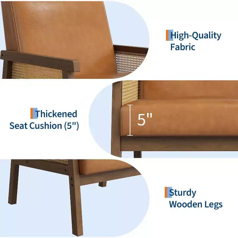 Rattan Accent Chair - Boucle Armchair, Upholstered Reading Chair with Wooden Frame, High Back, Leisure Chair for Living Room Bedroom