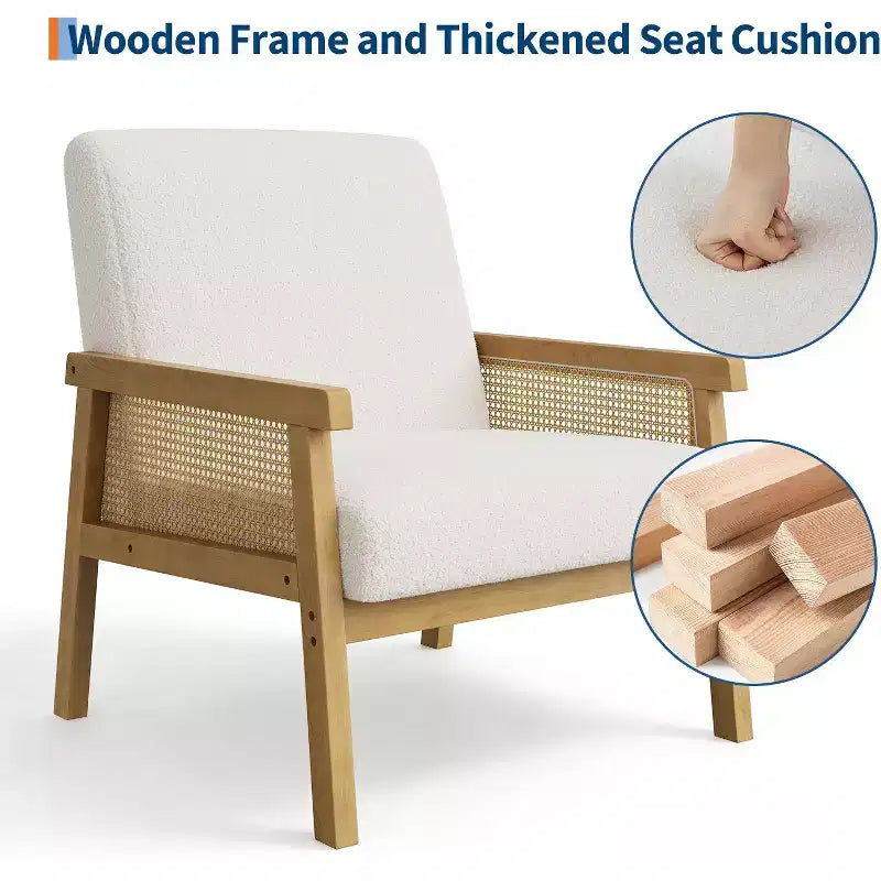 Rattan Accent Chair - Boucle Armchair, Upholstered Reading Chair with Wooden Frame, High Back, Leisure Chair for Living Room Bedroom