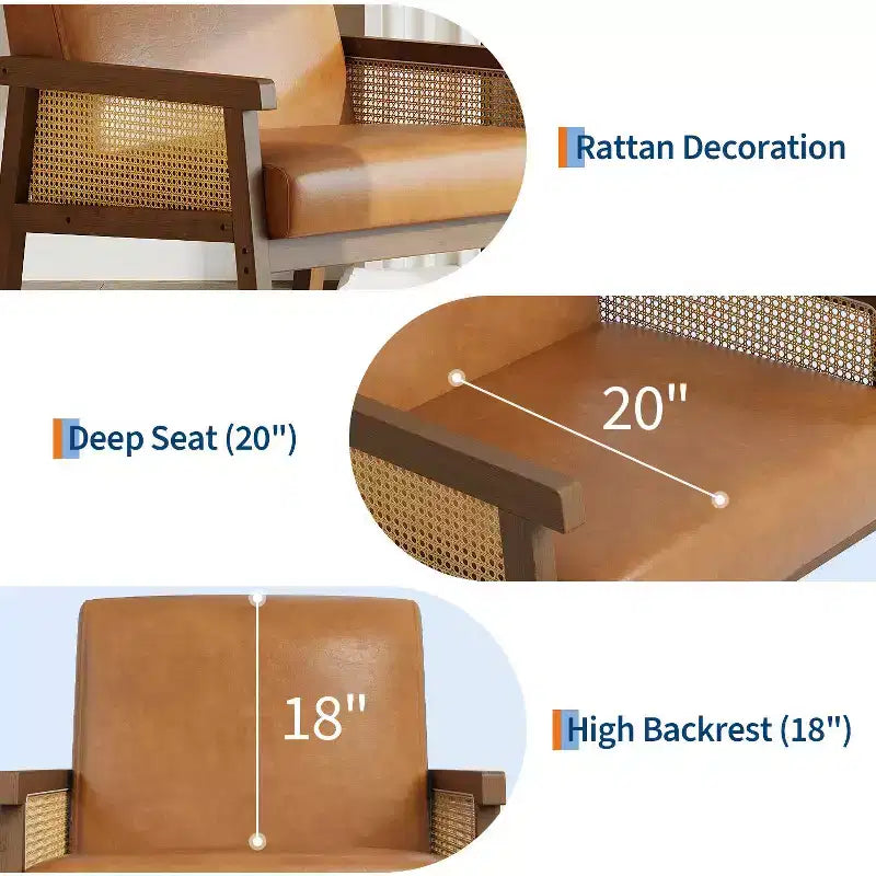 Rattan Accent Chair - Boucle Armchair, Upholstered Reading Chair with Wooden Frame, High Back, Leisure Chair for Living Room Bedroom