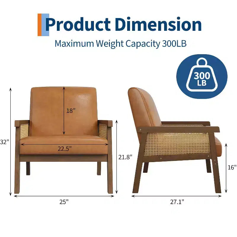 Rattan Accent Chair - Boucle Armchair, Upholstered Reading Chair with Wooden Frame, High Back, Leisure Chair for Living Room Bedroom
