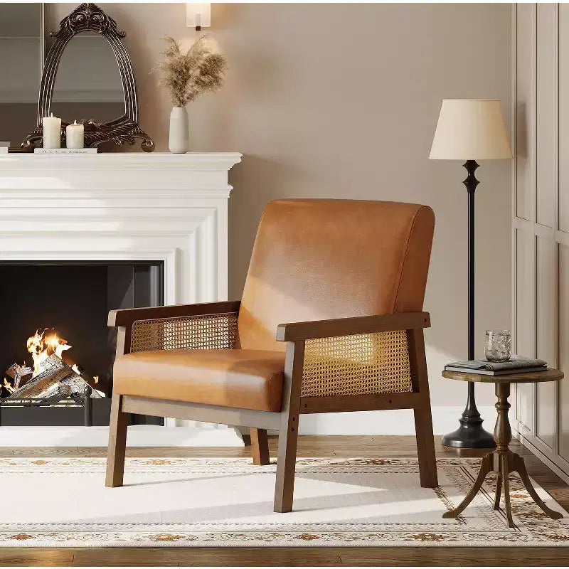 Rattan Accent Chair - Boucle Armchair, Upholstered Reading Chair with Wooden Frame, High Back, Leisure Chair for Living Room Bedroom