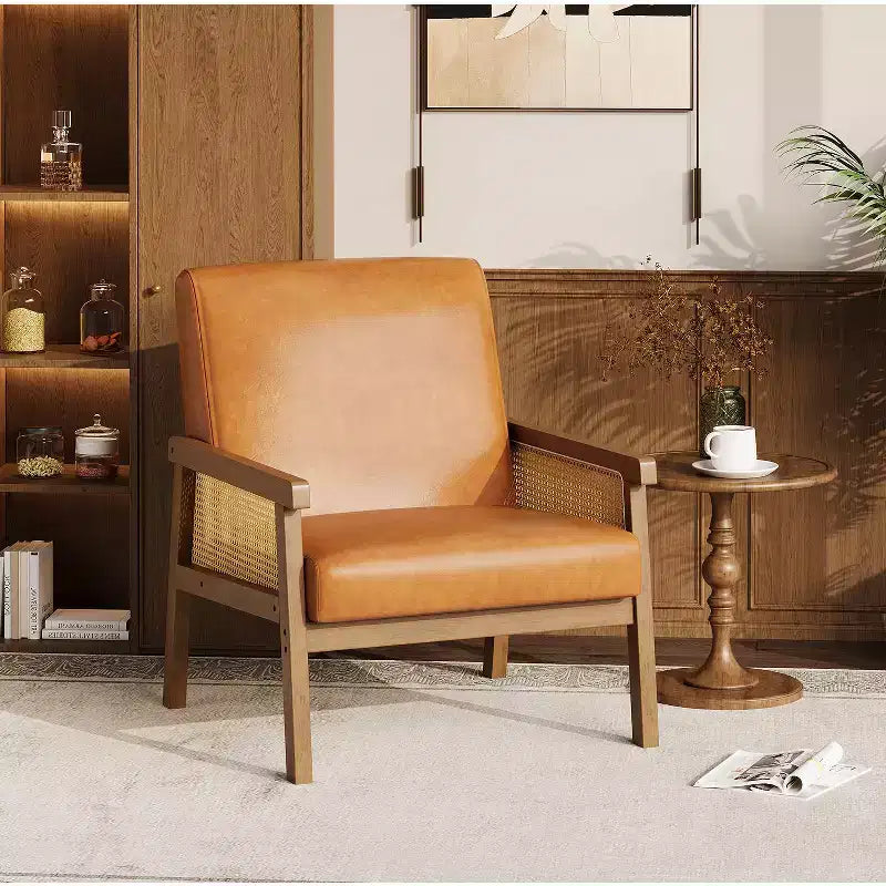 Rattan Accent Chair - Boucle Armchair, Upholstered Reading Chair with Wooden Frame, High Back, Leisure Chair for Living Room Bedroom
