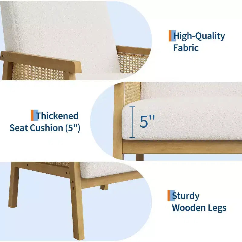 Rattan Accent Chair - Boucle Armchair, Upholstered Reading Chair with Wooden Frame, High Back, Leisure Chair for Living Room Bedroom