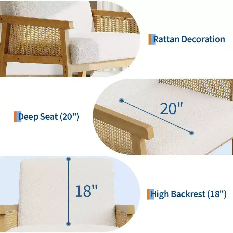 Rattan Accent Chair - Boucle Armchair, Upholstered Reading Chair with Wooden Frame, High Back, Leisure Chair for Living Room Bedroom
