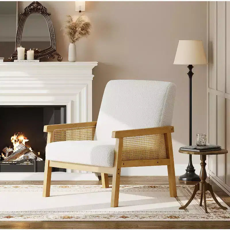 Rattan Accent Chair - Boucle Armchair, Upholstered Reading Chair with Wooden Frame, High Back, Leisure Chair for Living Room Bedroom