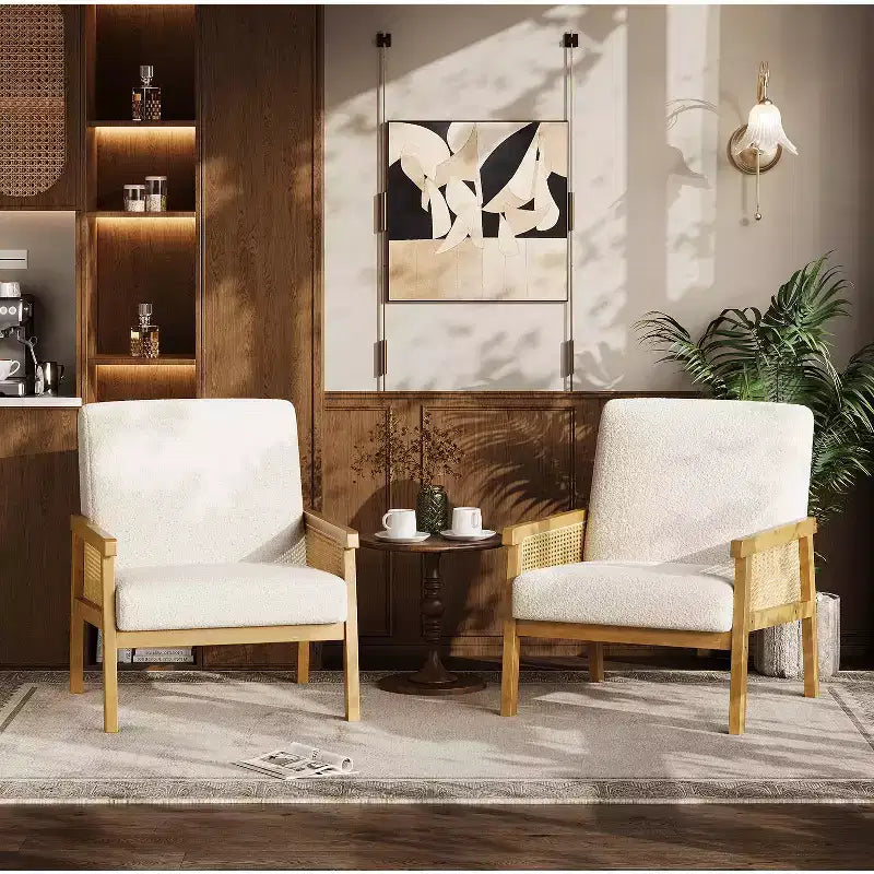 Rattan Accent Chair - Boucle Armchair, Upholstered Reading Chair with Wooden Frame, High Back, Leisure Chair for Living Room Bedroom