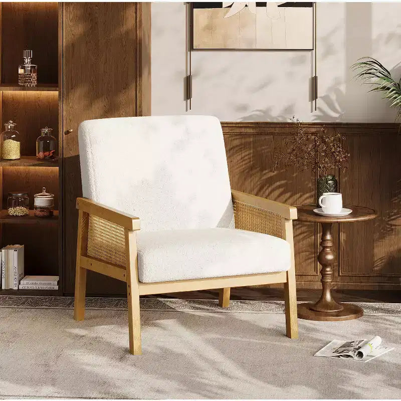 Rattan Accent Chair - Boucle Armchair, Upholstered Reading Chair with Wooden Frame, High Back, Leisure Chair for Living Room Bedroom