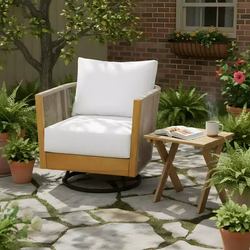 Christopher Knight Home Stellan Modern Patio Acacia Wood Rope Swivel Chair with Slatted Side Table