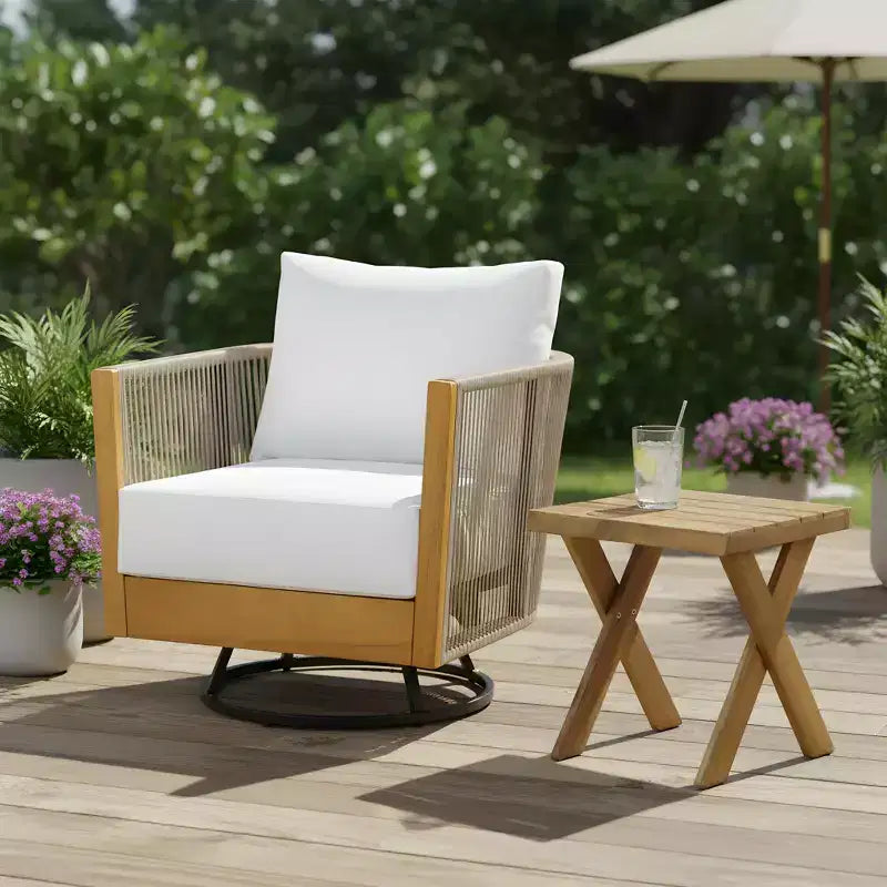 Chaise pivotante moderne en bois d'acacia et corde pour patio Christopher Knight Home Stellan avec table d'appoint à lattes