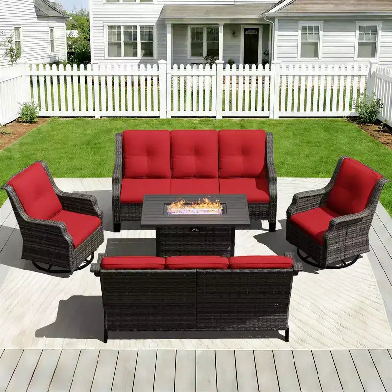 Ensemble extérieur modulaire UPTIOT avec canapés, fauteuils à bascule et brasero pour un confort polyvalent sur la terrasse