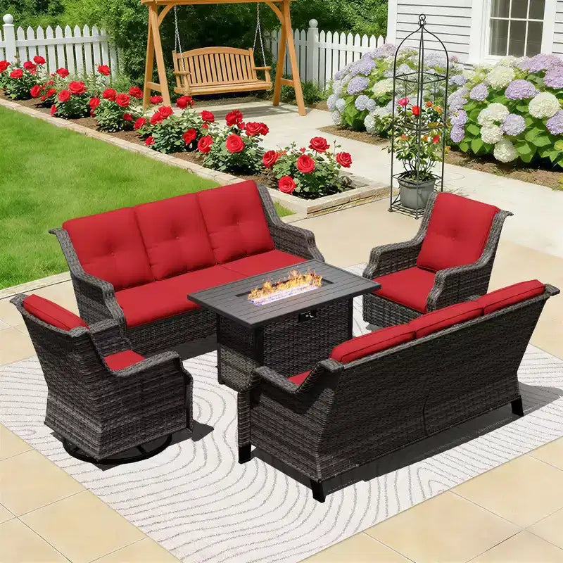 Ensemble extérieur modulaire UPTIOT avec canapés, fauteuils à bascule et brasero pour un confort polyvalent sur la terrasse