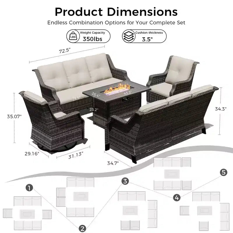 Ensemble extérieur modulaire UPTIOT avec canapés, fauteuils à bascule et brasero pour un confort polyvalent sur la terrasse