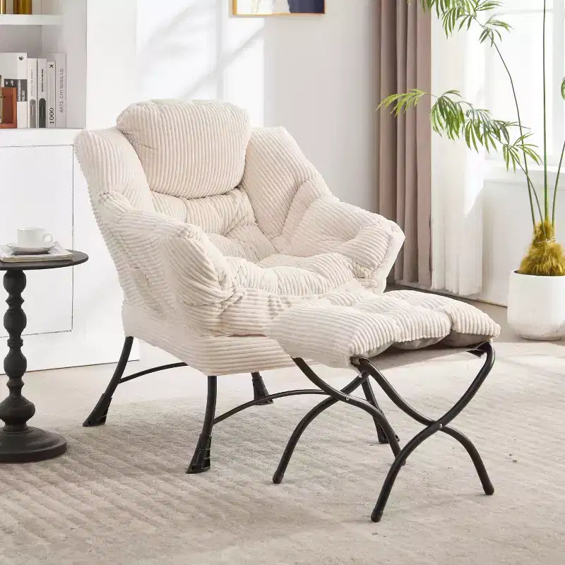 Ergonomic Lazy Lounge Chair with Ottoman for Living Room & Small Spaces - Steel Frame & Side Pocket Lazy Sofa