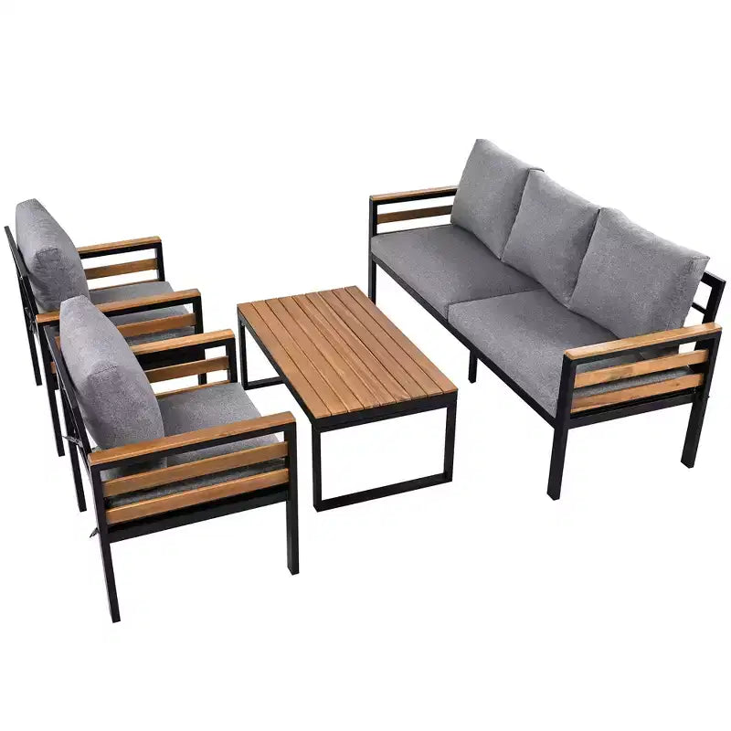 Ensemble de salon de jardin GDFStudio Carter moderne en métal et bois d'acacia 4 pièces avec canapé, table basse et coussins