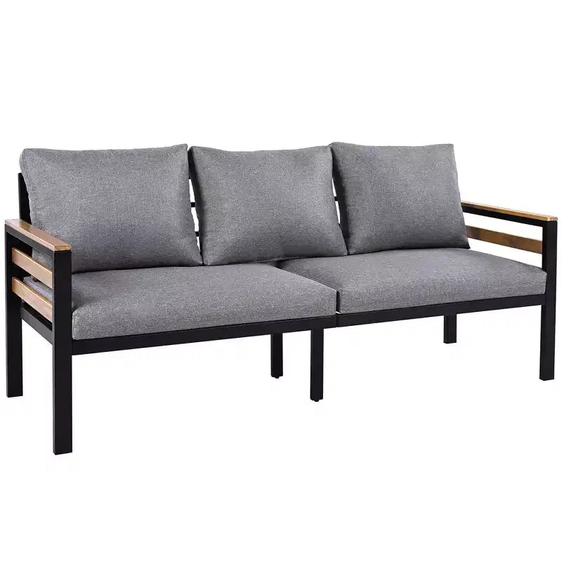 Ensemble de salon de jardin GDFStudio Carter moderne en métal et bois d'acacia 4 pièces avec canapé, table basse et coussins