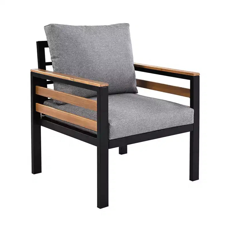Ensemble de salon de jardin GDFStudio Carter moderne en métal et bois d'acacia 4 pièces avec canapé, table basse et coussins