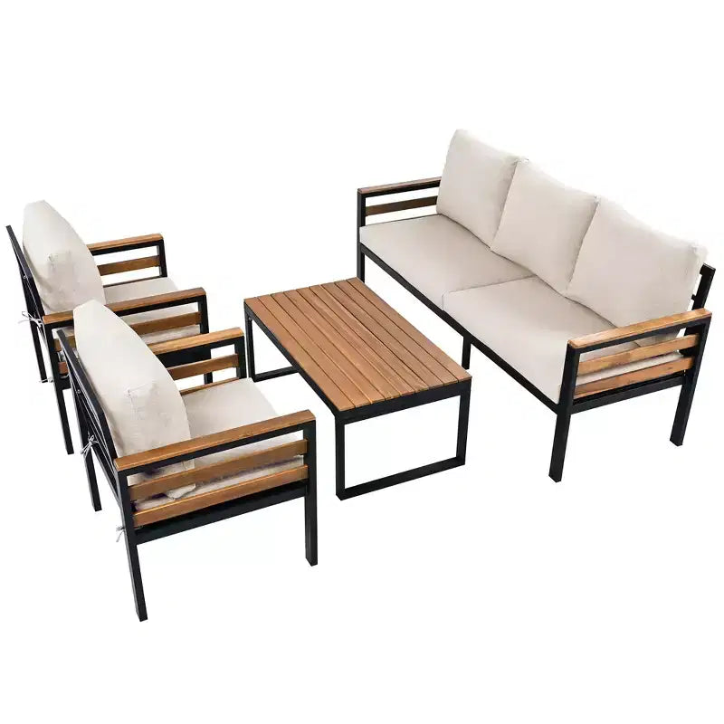 Ensemble de salon de jardin GDFStudio Carter moderne en métal et bois d'acacia 4 pièces avec canapé, table basse et coussins