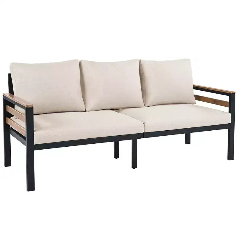 Ensemble de salon de jardin GDFStudio Carter moderne en métal et bois d'acacia 4 pièces avec canapé, table basse et coussins