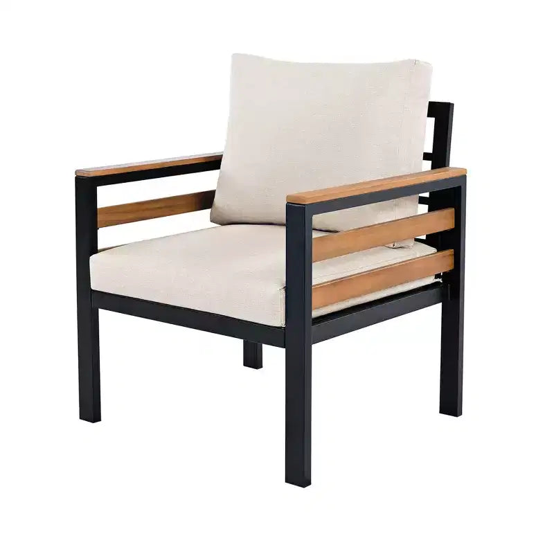 Ensemble de salon de jardin GDFStudio Carter moderne en métal et bois d'acacia 4 pièces avec canapé, table basse et coussins