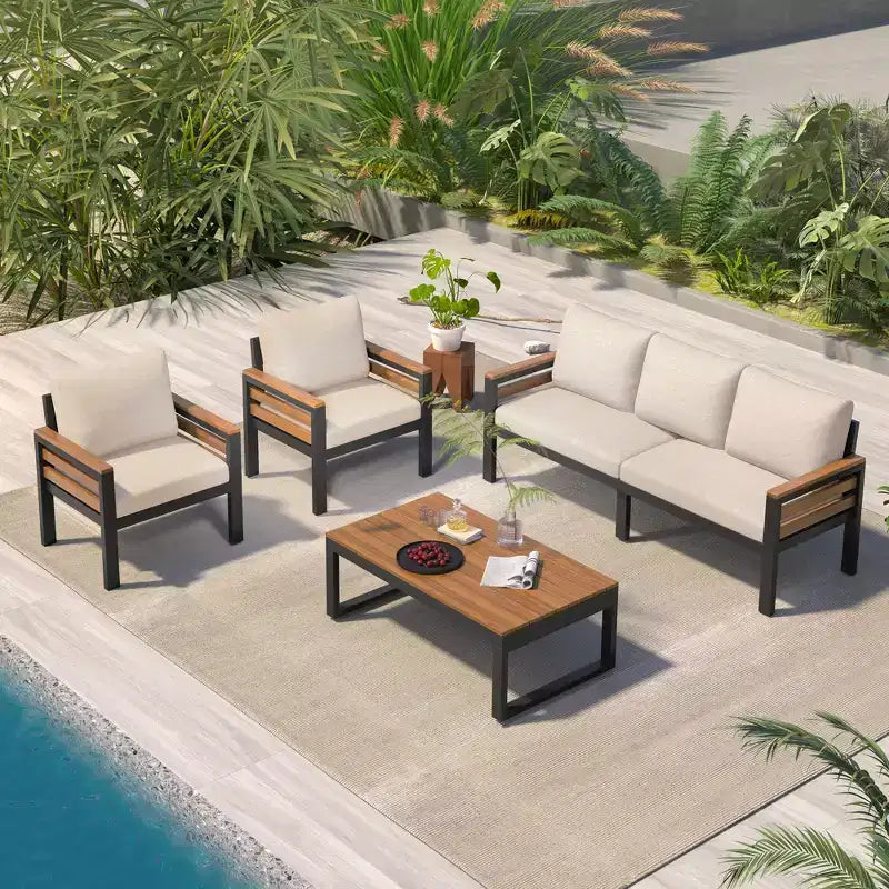 GDFStudio Carter Patio Modern Metal and Acacia Wood 4-Piece Conversation Sofa Set with Coffee Table and Cushions