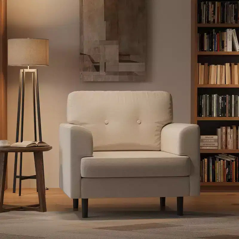 38 Wide Linen Ergonomic Accent Chair, Modern Single Seater Armchair with High-Density Foam & Wide Armrests for Living Room, Office & Bedroom
