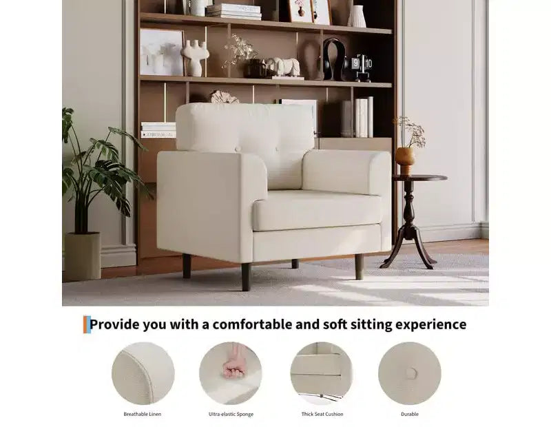 38 Wide Linen Ergonomic Accent Chair, Modern Single Seater Armchair with High-Density Foam & Wide Armrests for Living Room, Office & Bedroom
