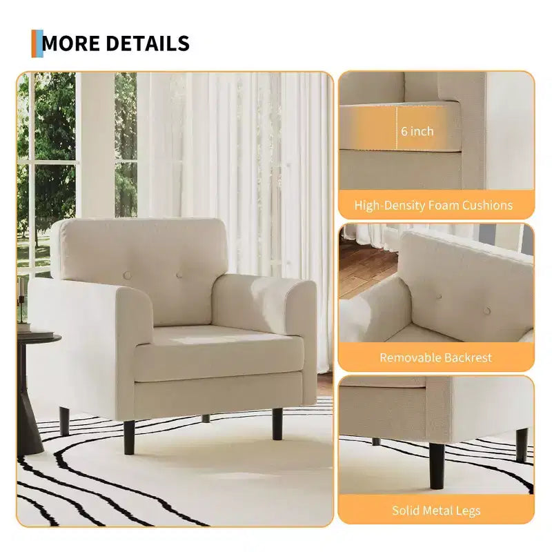 38 Wide Linen Ergonomic Accent Chair, Modern Single Seater Armchair with High-Density Foam & Wide Armrests for Living Room, Office & Bedroom
