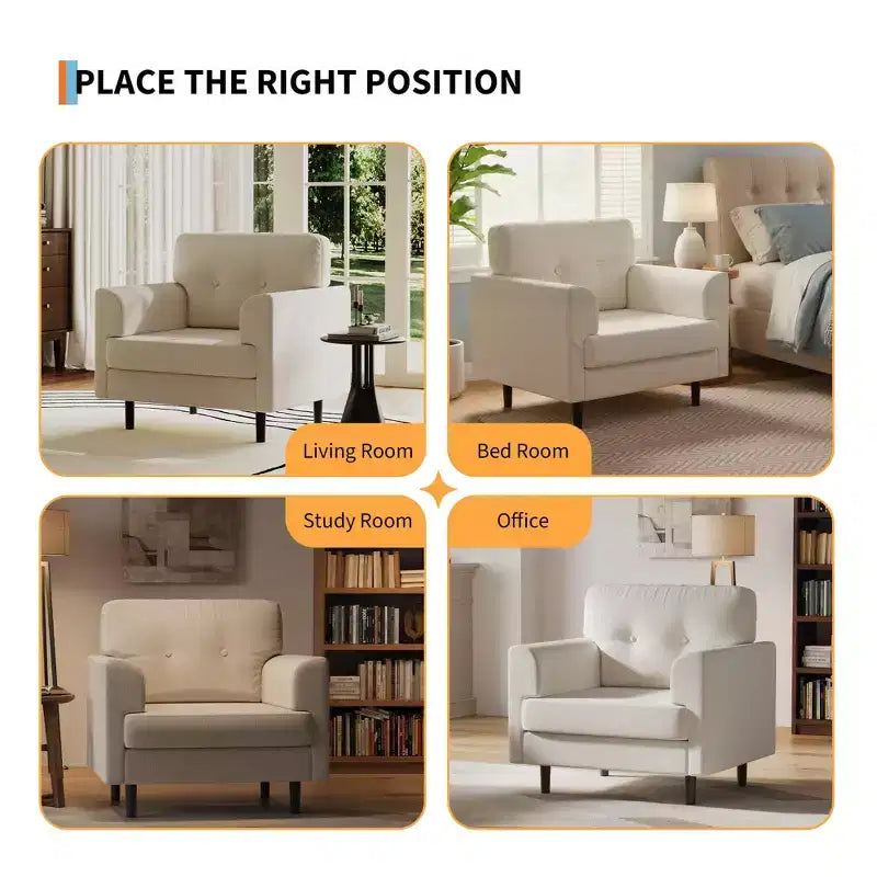 38 Wide Linen Ergonomic Accent Chair, Modern Single Seater Armchair with High-Density Foam & Wide Armrests for Living Room, Office & Bedroom