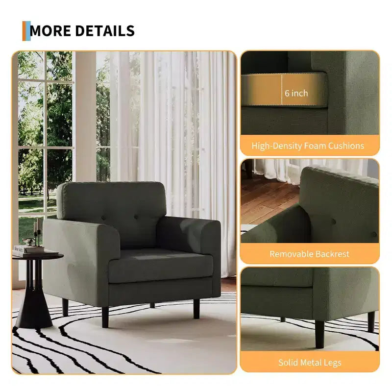 38 Wide Linen Ergonomic Accent Chair, Modern Single Seater Armchair with High-Density Foam & Wide Armrests for Living Room, Office & Bedroom