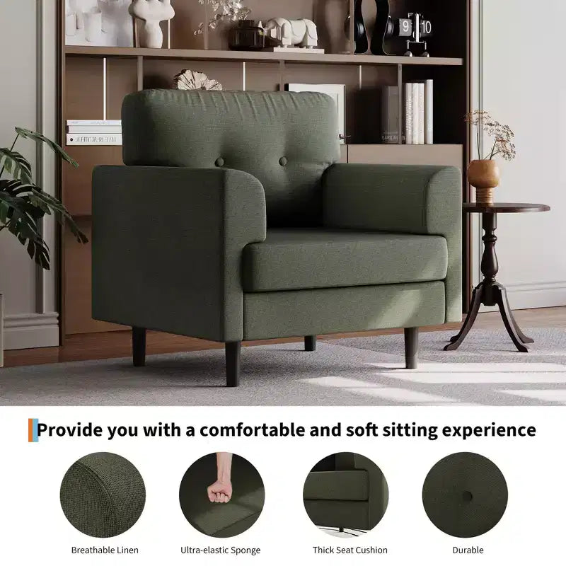 38 Wide Linen Ergonomic Accent Chair, Modern Single Seater Armchair with High-Density Foam & Wide Armrests for Living Room, Office & Bedroom