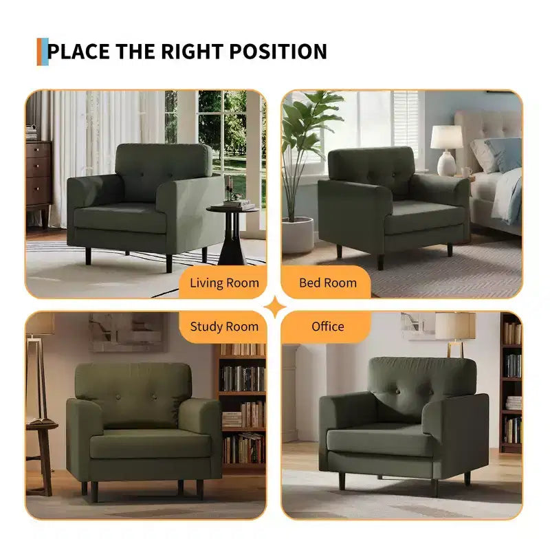 38 Wide Linen Ergonomic Accent Chair, Modern Single Seater Armchair with High-Density Foam & Wide Armrests for Living Room, Office & Bedroom