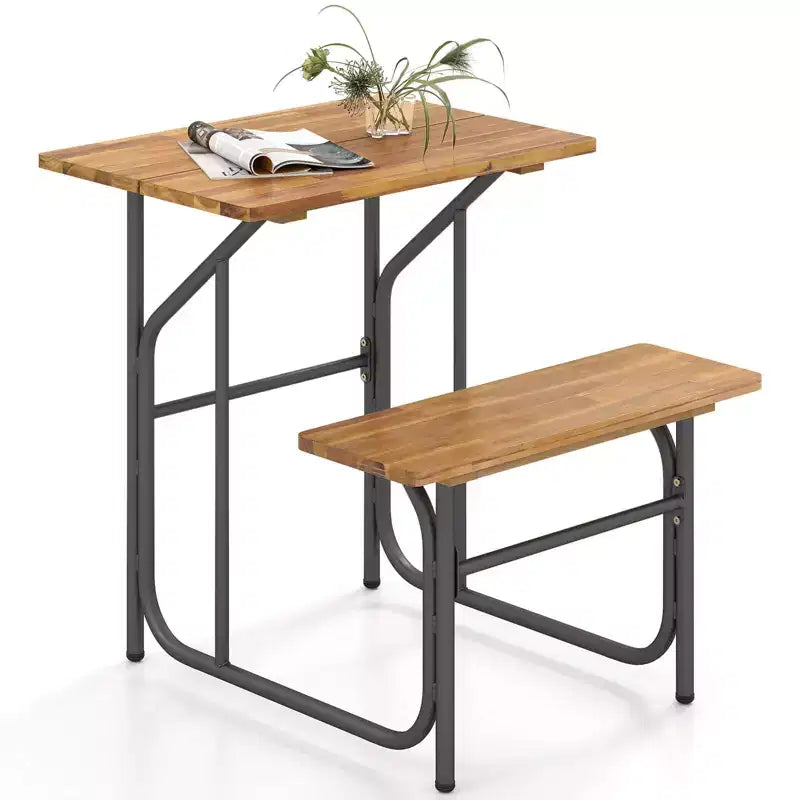 Costway 1/2 PCS Patio Table Bench Set One-Side Picnic Table & Seat with Acacia Wood Top Metal Legs