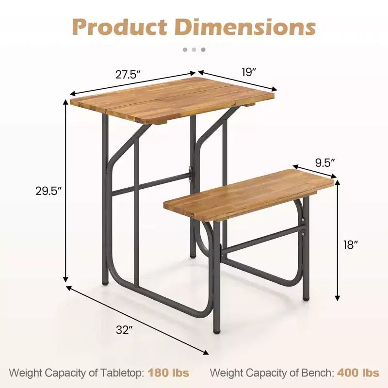 Costway Ensemble Table et Banc de Patio 1/2 PCS Table de Pique-nique et Banc un Côté avec Plateau en Bois d'Acacia Pieds en Métal