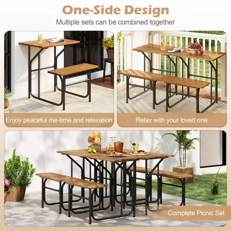 Costway Ensemble Table et Banc de Patio 1/2 PCS Table de Pique-nique et Banc un Côté avec Plateau en Bois d'Acacia Pieds en Métal
