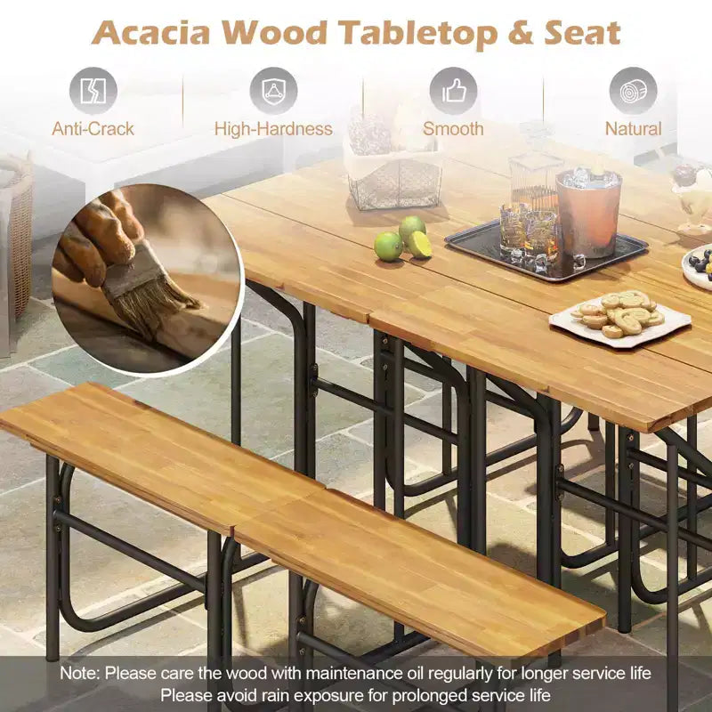 Costway Ensemble Table et Banc de Patio 1/2 PCS Table de Pique-nique et Banc un Côté avec Plateau en Bois d'Acacia Pieds en Métal