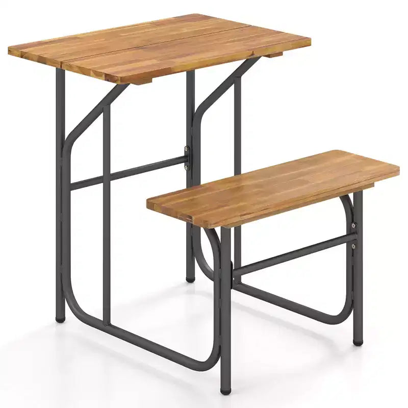 Costway Ensemble Table et Banc de Patio 1/2 PCS Table de Pique-nique et Banc un Côté avec Plateau en Bois d'Acacia Pieds en Métal