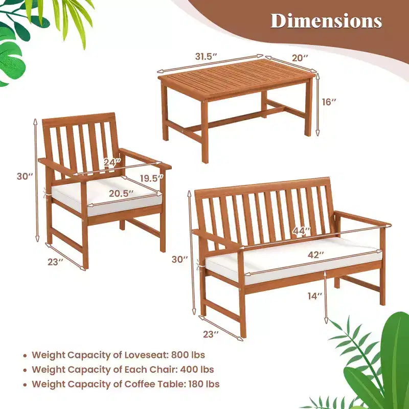Costway Ensemble de Meubles de Jardin 4/8 Pièces en Bois d'Acacia Table Basse & 2 Fauteuils avec Coussins d'Assise