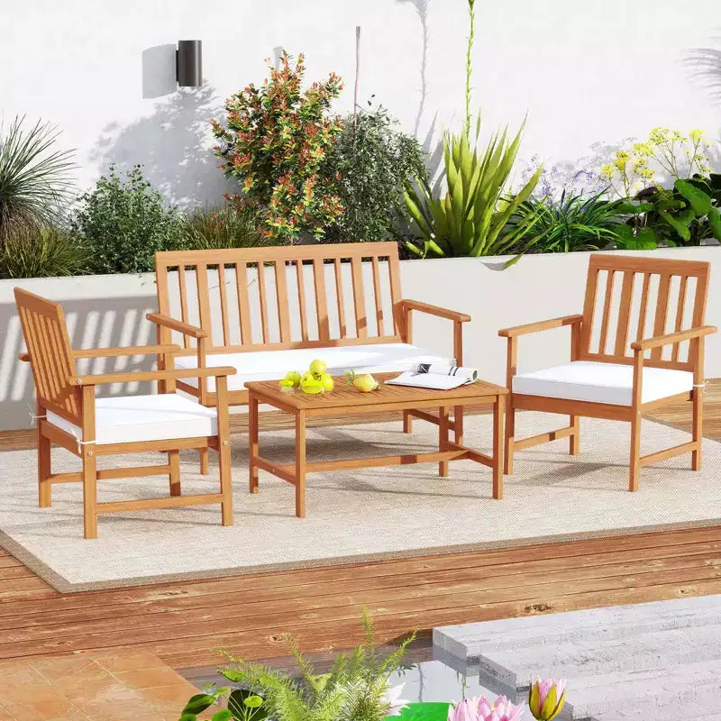 Costway Ensemble de Meubles de Jardin 4/8 Pièces en Bois d'Acacia Table Basse & 2 Fauteuils avec Coussins d'Assise