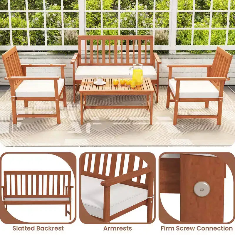 Costway Ensemble de Meubles de Jardin 4/8 Pièces en Bois d'Acacia Table Basse & 2 Fauteuils avec Coussins d'Assise