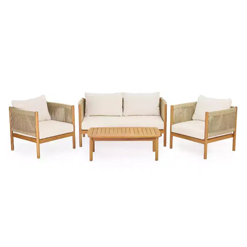 Christopher Knight Home Elvis Ensemble de 4 pièces pour patio en bois d'acacia moderne avec panneaux en corde tressée et coussins
