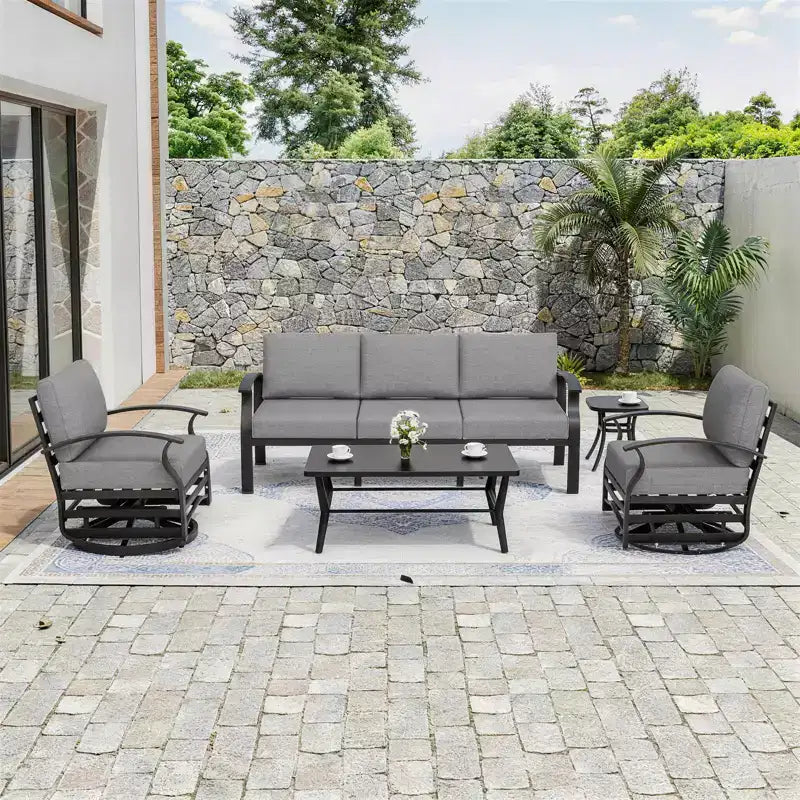 ALAULM Ensemble de mobilier de patio en aluminium 5 places avec canapé, salon de jardin avec 5 chaises pivotantes et table basse en métal